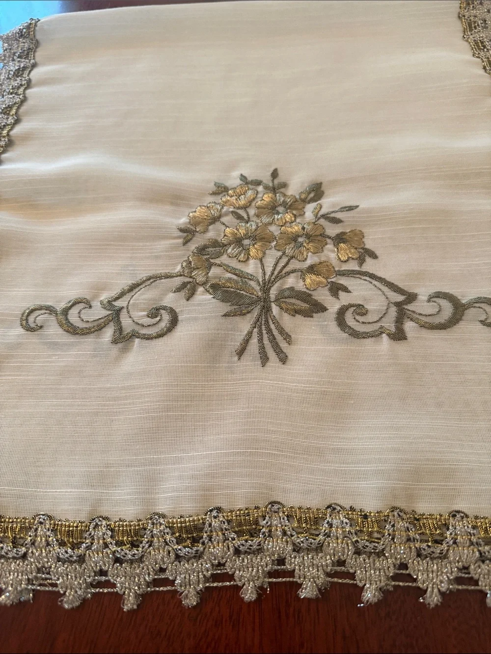 Vintage Embroidered Cream Table Runner with Gold Floral Trim and 2 Table Topper